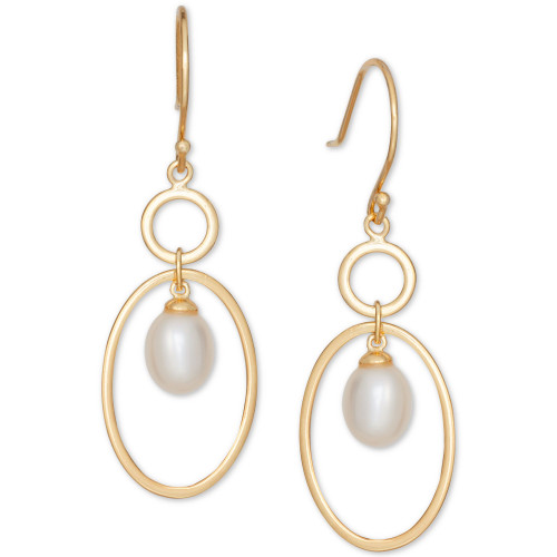 Cultured Freshwater Pearl (6x8mm ) Oval Orbital Drop Earrings in 18k Gold-Plated Sterling Silver