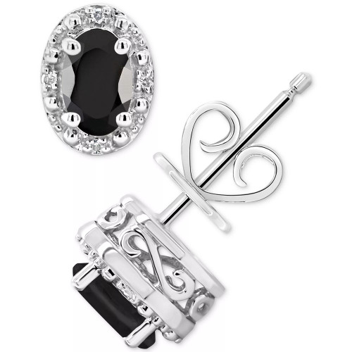 Onyx & Diamond Accent Oval Stud Earrings in Sterling Silver (Also in Labradorite & Turquoise)