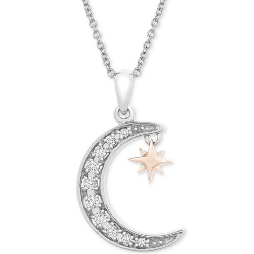 Diamond Crescent Moon & Star 20" Pendant Necklace (1/10 ct. t.w.) in Sterling Silver & 14k Gold-Plate