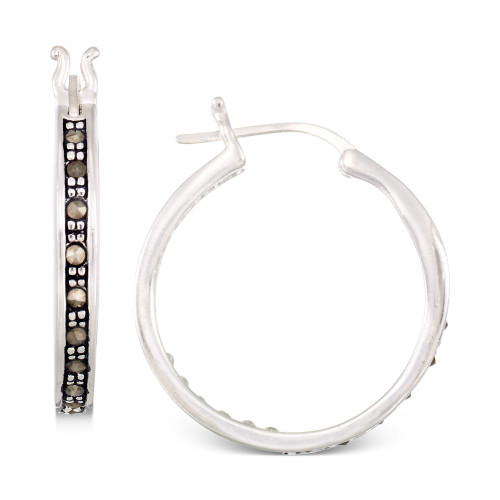 Marcasite & Crystal Small Hoop Earrings in Sterling Silver, 0.8"