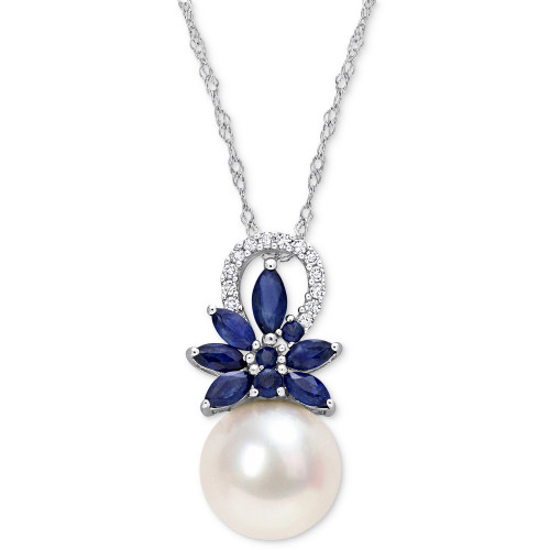 Cultured Freshwater Pearl (9-1/2mm), Sapphire (3/4 ct. t.w.), & Diamond (1/20 ct. t.w.) 17" Pendant Necklace in 14k White Gold