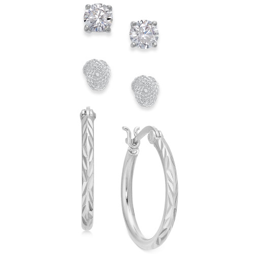 Sterling Silver 3-Pc. Set Cubic Zirconia Stud & Hoop Earrings, Created for Macy's