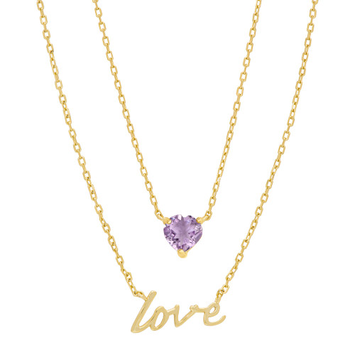 Amethyst Heart & Love Layered Necklace (3/8 ct. t.w.) in 14k Gold-Plated Sterling Silver, 13-1/2" + 2" extender