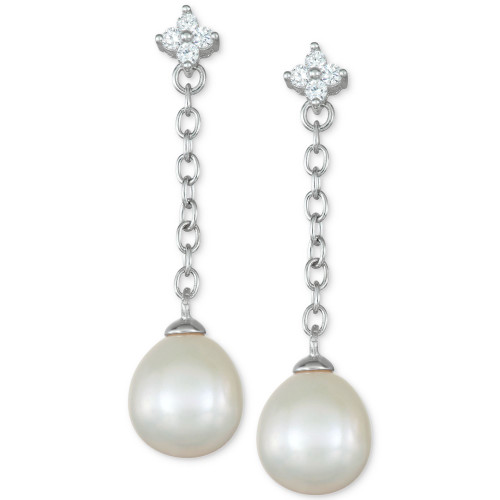 Cultured Freshwater Pearl (8mm) & Cubic Zirconia Flower Chain Earrings in Sterling Silver