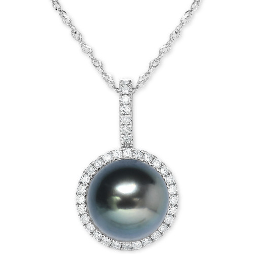 Cultured Tahitian Pearl (9mm) & Diamond (1/5 ct. t.w.) 18" Pendant Necklace in 14k White Gold