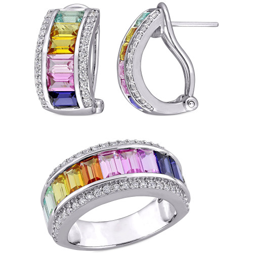 2-Pc. Set Lab-Created Multi-Sapphire Baguette Ring & Matching Hoop Earrings (8-1/10 ct. t.w.) in Sterling Silver
