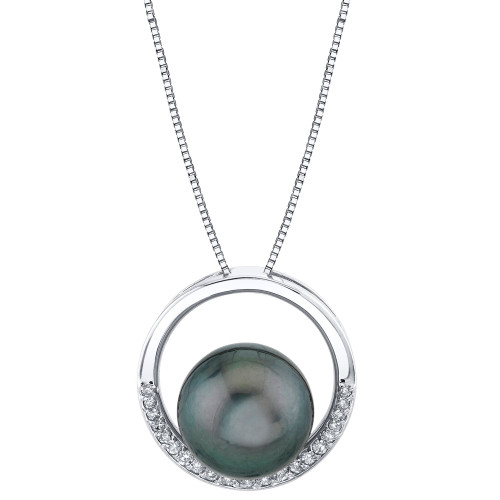 Cultured Tahitian Pearl (11mm) & Diamond (1/6 ct. t.w.) Circle 18" Pendant Necklace in 14k White Gold