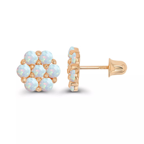 Created White Opal Round Flower Screwback Earrings in Sterling Silver (Also in 14k Gold Over Silver or 14k Rose Gold Over Silver)