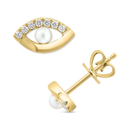 EFFY® Cultured Freshwater Pearl (3mm) & Diamond (1/8 ct. t.w.) Evil Eye Stud Earrings in 14k Gold