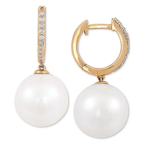 Cultured White Ming Pearl (12mm) & Diamond (1/8 ct. t.w.) Drop Earrings in 14k Gold