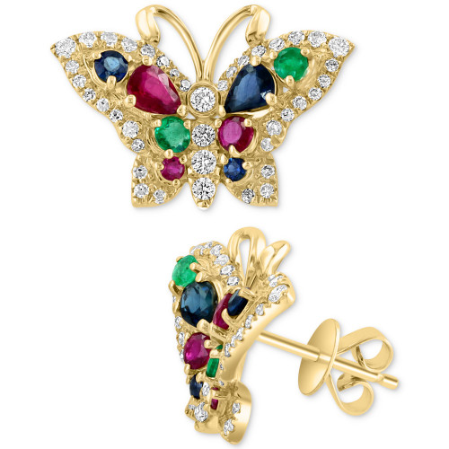 EFFY® Multi-Gemstone (1-3/8 ct. t.w.) & Diamond (1/2 ct. t.w.) Butterfly Stud Earrings in 14k Gold