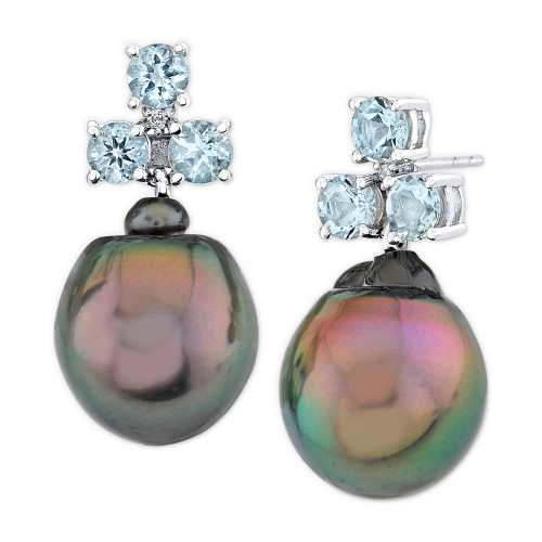 Cultured Tahitian Pearl (12mm), Aquamarine (1-1/2 ct. t.w.) & Diamond Accent Drop Earrings in 14k White Gold