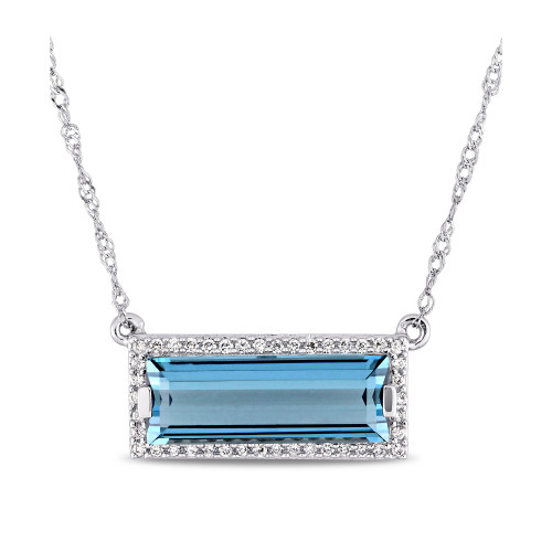 Baguette Cut Blue Topaz (3 ct. t.w.) and Diamond (1/8 ct. t.w.) Halo 17" Necklace in 14k White Gold