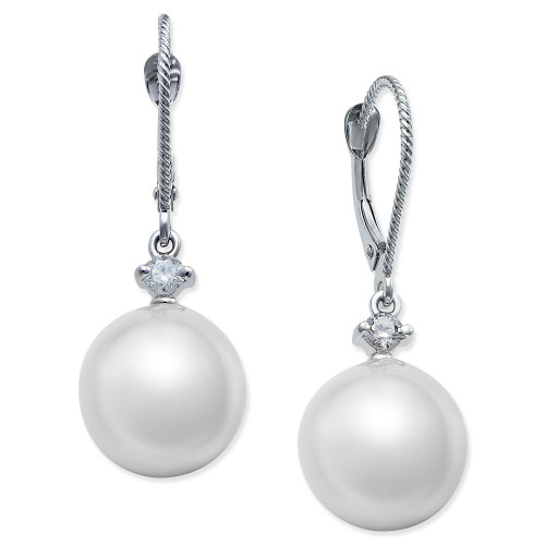 Cultured White South Sea Pearl (11mm) and Diamond (1/6 ct. t.w.) Drop Earrings in 14k White Gold