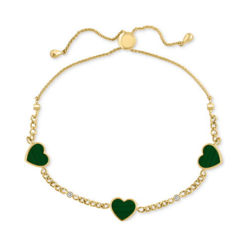EFFY® Malachite & Diamond (1/20 ct. t.w.) Triple Heart Bolo Bracelet in 14k Gold