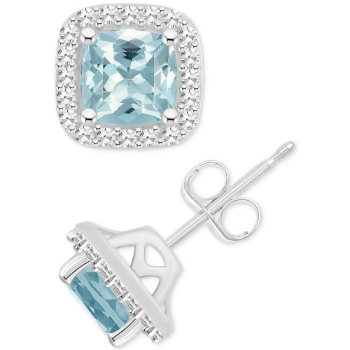 Aquamarine (1 ct. t.w.) & Diamond (1/5 ct. t.w.) Cushion Halo Stud Earrings in Sterling Silver