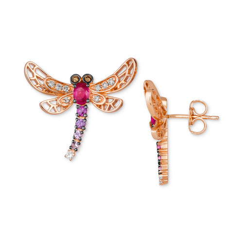 Passion Ruby (3/8 ct. t.w.), Strawberry Ombré (1/5 ct. t.w.), Nude Diamonds (1/8 ct. t.w.), White Sapphire (1/20 ct. t.w.) & Chocolate Diamonds Accent Dragonfly Drop Earrings in 14k Rose Gold