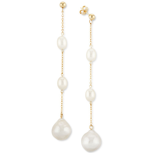 Cultured Freshwater Baroque Pearl (12mm and 8 x 6mm) Linear Drop Earrings in 14k Gold