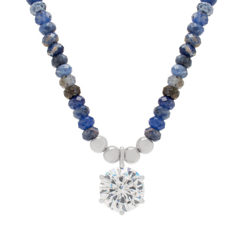 Sodalite & Cubic Zirconia Beaded Pendant Necklace in Sterling Silver, 15" + 3" extender