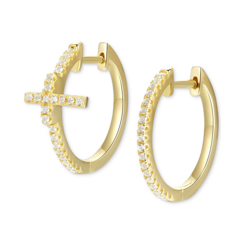 White Topaz Cross Mismatch Small Hoop Earrings (1/5 ct. t.w.) in Gold-Plated Sterling Silver, 0.75"