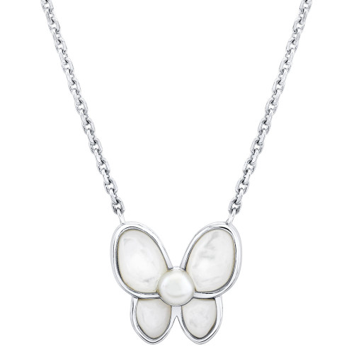 Cultured Freshwater Pearl (3-1/2 - 4mm ) & Mother of Pearl Butterfly Pendant Necklace, 16-1/2" + 1-3/4" extender