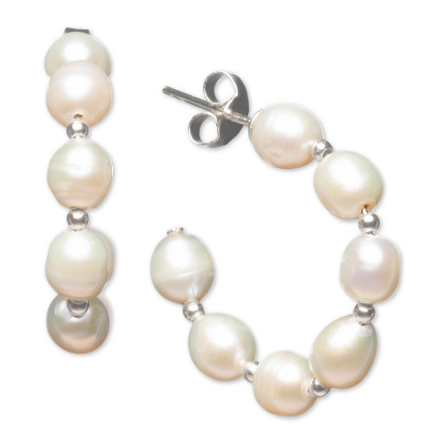 Cultured Freshwater Baroque Pearl (5- 5-1/2mm) & Polished Bead Small Hoop Earrings in Sterling Silver (Also available in White & Pink Pearls)