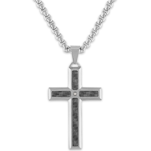 Men's Diamond Accent Gray Carbon Fiber Cross 24" Pendant in Stainless Steel