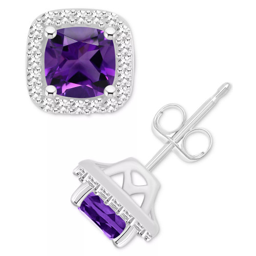 Amethyst (1 ct. t.w.) & Diamond (1/5 ct. t.w.) Cushion Halo Stud Earrings in Sterling Silver (Also in Citrine, Garnet, Peridot, & Blue Topaz)
