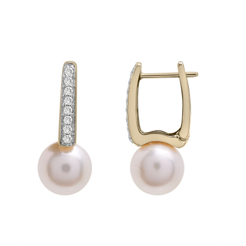 Cultured Freshwater Pearl with Diamond Huggie Earrings in 14K Yellow Gold