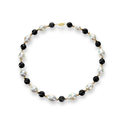 White Baroque Freshwater Cultured Pearl (12-13mm) with Black Onyx (10mm) and Gold Beads (4mm) 18" Necklace in 14k Yellow Gold