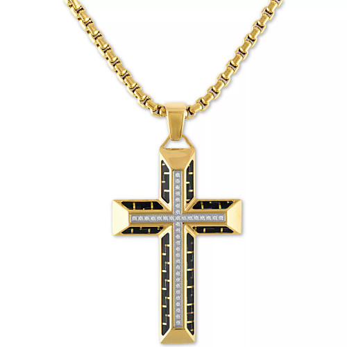 Diamond Cross 22" Pendant Necklace in Gold Tone Ion-Plated Stainless Steel & Black Carbon Fiber, Created for Macy's (Also in Black Ion Plated Stainless Steel)
