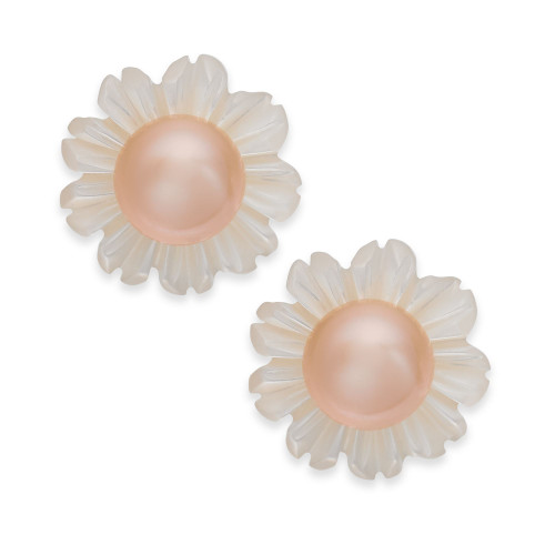 Pink Cultured Button Freshwater Pearl (6mm) & White Mother-of-Pearl (12mm) Stud Earrings in Sterling Silver