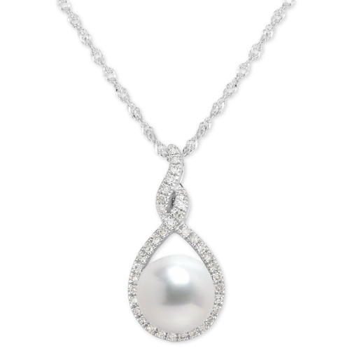 Cultured Freshwater Pearl (7mm) & Diamond (1/10 ct. t.w.) Pendant Necklace in 14k White Gold, 16" + 2" extender