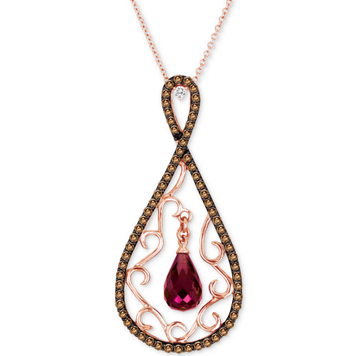 Raspberry Rhodolite (2-7/8 ct. t.w.) & Diamond (3/4 ct. t.w.) Briolette Filigree 18" Pendant Necklace in 14k Rose Gold