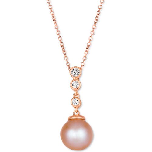 Strawberry Pearl (8mm) & Nude Diamond (1/10 ct. t.w.) Adjustable Pendant Necklace in 14k Rose Gold