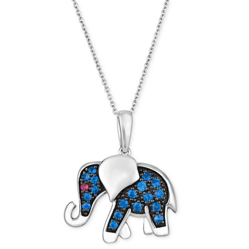 Blueberry Sapphire (3/8 ct. t.w.) & Passion Ruby Accent Elephant Pendant Necklace in 14k White Gold, 18" + 2" extender