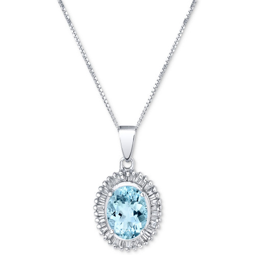 Aquamarine (1-1/10 ct. t.w.) & Diamond (1/3 ct. t.w.) Baguette Halo 18" Pendant Necklace in 14k White Gold