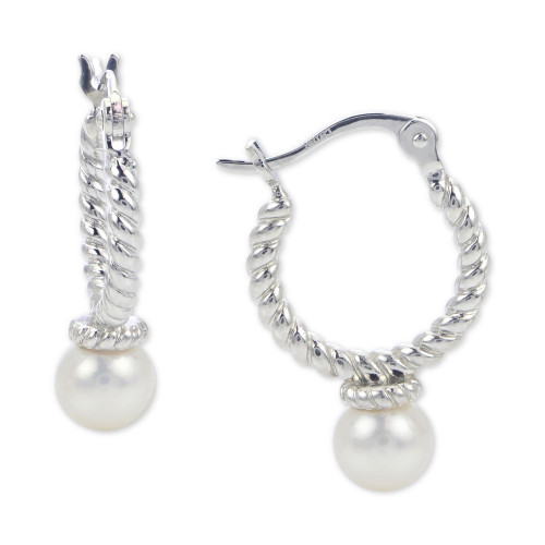 Cultured Freshwater Pearl (6mm) Twist Hoop Earrings in Sterling Silver