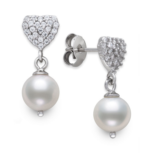 Freshwater Pearl (7-8mm) & Cubic Zirconia Heart Drop Earrings in Sterling Silver, Created for Macy's