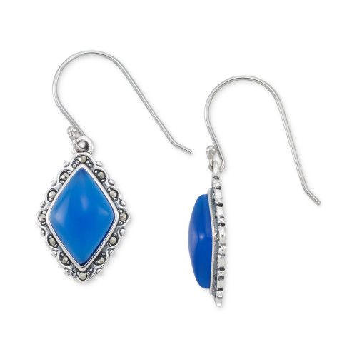Blue Agate (2-1/2 ct. t.w.) & Marcasite (1/10 ct. t.w.) Diamond-Shape Drop Earrings in Sterling Silver