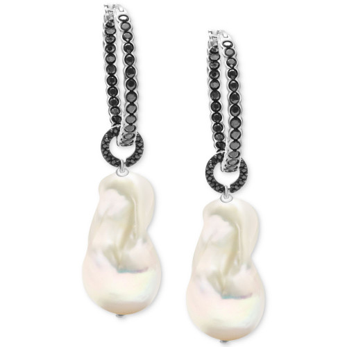 Cultured Freshwater Baroque Pearl (13-15mm) & Black Spinel (2-3/4 ct. t.w.) Dangle Hoop Earrings in Sterling Silver