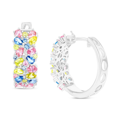 Multicolor Cubic Zirconia Cluster Small Hoop Earrings, 0.75"