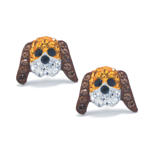 Brown and White Pave Crystal Dog Face Stud Earrings set in Sterling Silver