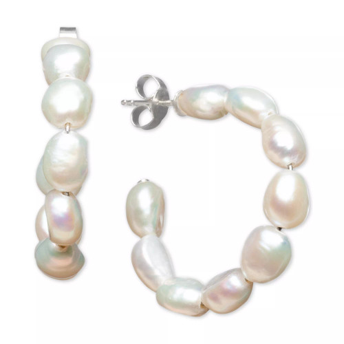 Cultured Freshwater Baroque Pearl (5-1/2 -6mm) Medium Hoop Earrings in Sterling Silver (Also available in White, Pink & Gray Pearls)