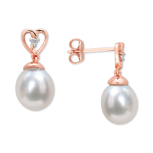 Cultured South Sea Oval Pearl (8-9mm) & White Topaz Accent Heart Drop Earrings in Rose-Tone Sterling Silver