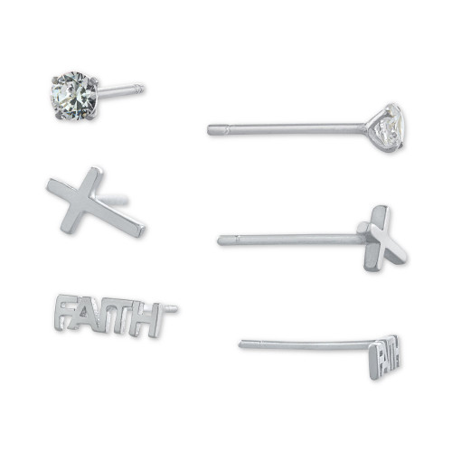 3-Pc. Set Cubic Zirconia & Faith-Themed Stud Earrings in Sterling Silver, Created for Macy's