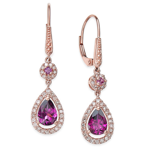 Rhodolite Garnet (1-1/2 ct. t.w.) and Diamond (1/3 ct. t.w.) Drop Earrings in 14k Rose Gold