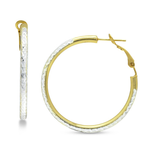 Medium Two-Tone Textured Hoop Earrings in Sterling Silver & 18k Gold-Plate, 1-1/2", Created for Macy's