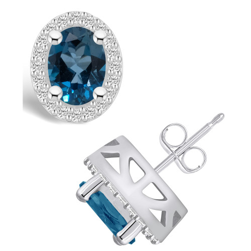 London Topaz (3-1/5 ct. t.w.) and Diamond (3/8 ct. t.w.) Halo Stud Earrings in 14K White Gold