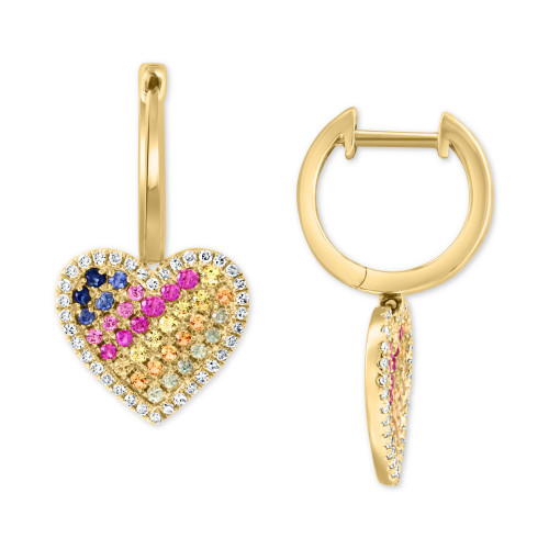 EFFY® Multi-Sapphire (5/8 ct. t.w.) & Diamond (1/4 ct. t.w.) Heart Dangle Hoop Earrings in 14k Gold